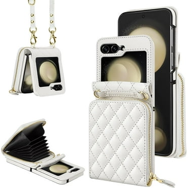 Case for Samsung Galaxy Z Flip 5 with Card Holder, Crossbody 8-Card Slots Wallet Case with Adjustable Strap Soft PU Leather Protective Zipper for Women Girls, White