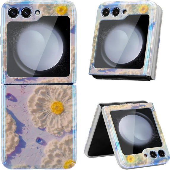 Case for Samsung Galaxy Z Flip 5, Colorful Retro Oil Painting Flower Laser Glossy Design Cute Exquisite Floral Blossom Phone Cover Stylish Durable TPU Protective Case for Girls Women - Purple