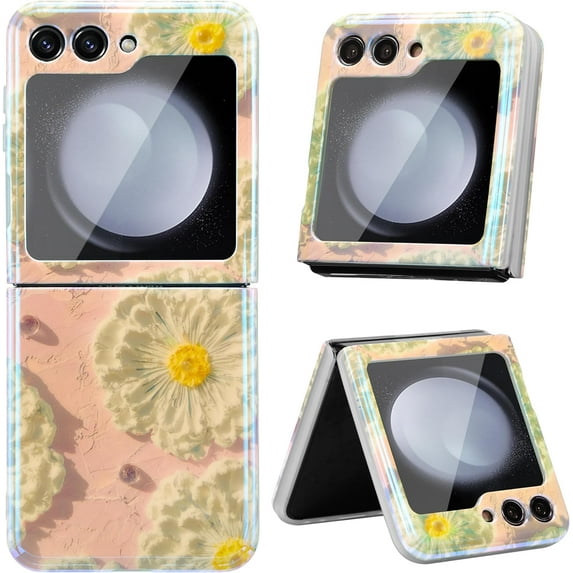 Case for Samsung Galaxy Z Flip 5, Colorful Retro Oil Painting Flower Laser Glossy Pattern Cute Exquisite Floral Blossom Phone Cover Stylish Durable TPU Protective Case for Girls Women - Pink