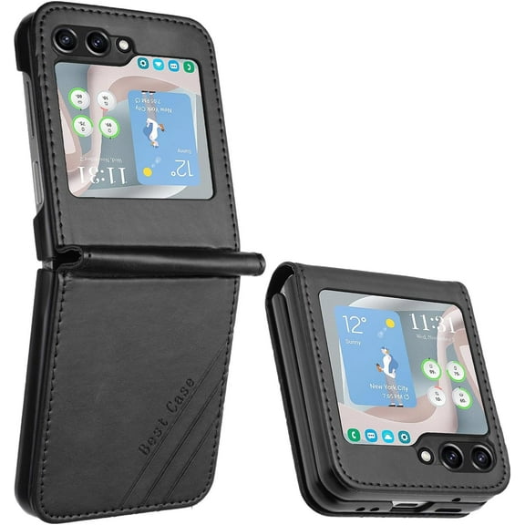 Case for Samsung Galaxy Z Flip 5 Leather Case, Galaxy Z Flip 5 Case Flip Folio Case Anti-Scratch Durable Heavy Duty Protective Shockproof Case for Samsung Galaxy Z Flip 5 Matte Black