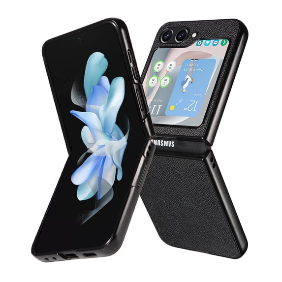 Case for Samsung Galaxy Z Flip 5 Lychee Pattern PU Leather Folding Cover, Rugged PC Bumper Shockproof Lens Protection Anti-Scratches Slim Case for Samsung Galaxy Z Flip 5,Black