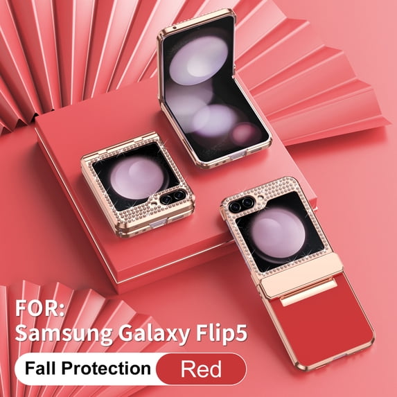 Case for Samsung Galaxy Z Flip 5 PU Leather Electroplated Case, Hinge Protection Glitter Rhinestone Lens Protection Rugged Shockproof Slim Folding Cover for Samsung Galaxy Z Flip 5,Red