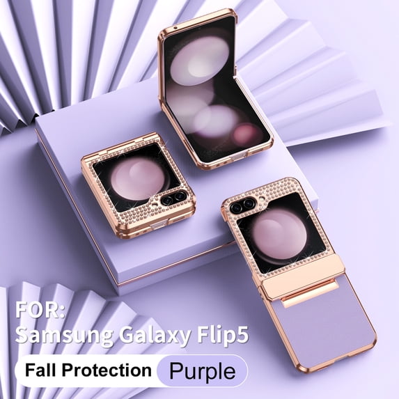 Case for Samsung Galaxy Z Flip 5 PU Leather Electroplated Case, Hinge Protection Glitter Rhinestone Lens Protection Rugged Shockproof Slim Folding Cover for Samsung Galaxy Z Flip 5,Purple