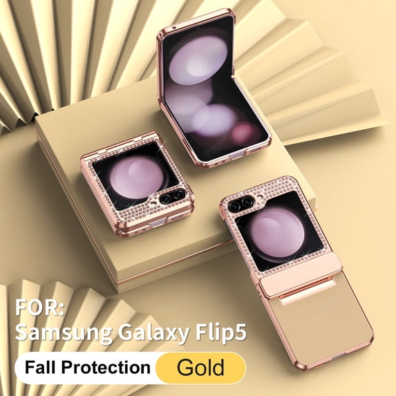 Case for Samsung Galaxy Z Flip 5 PU Leather Electroplated Case, Hinge Protection Glitter Rhinestone Lens Protection Rugged Shockproof Slim Folding Cover for Samsung Galaxy Z Flip 5,Gold