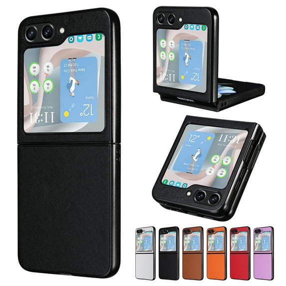 Case for Samsung Galaxy Z Flip 5, PU Vegan Leather Back & Hard PC Bumper Wireless Charging Shockpoof Protective Slim Anti-Scratch Phone Case for Samsung Galaxy Z Flip 5 - Black