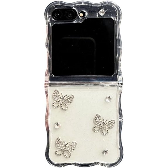 Case for Samsung Galaxy Z Flip 6 (2024),Cute Beautiful Rhinestone Butterfly Design Phone Protective Cover with Pearl Wrist Chain for Girls Women (no Chain)
