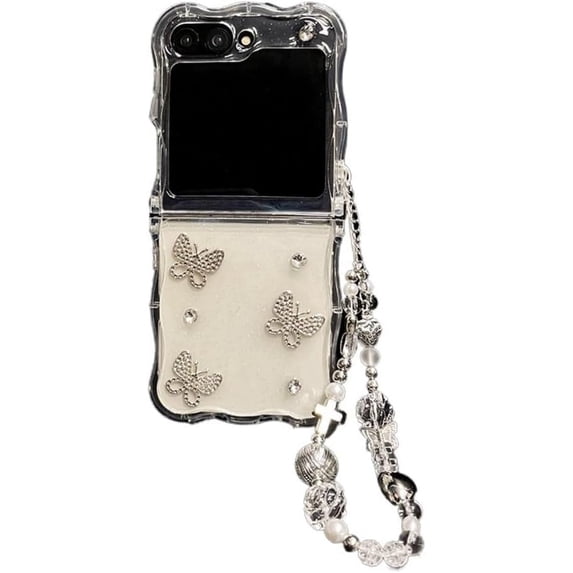 Case for Samsung Galaxy Z Flip 6 (2024),Cute Beautiful Rhinestone Butterfly Design Phone Protective Cover with Pearl Wrist Chain for Girls Women (with Chain)