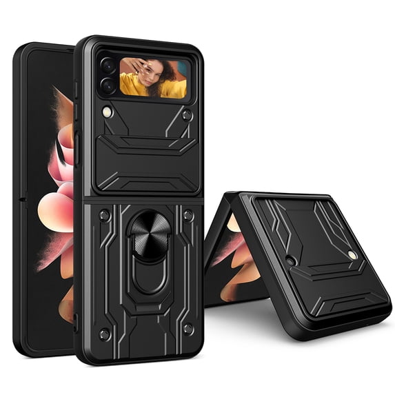 Case for Samsung Galaxy Z Flip 6 with Camera Cover & Kickstand, Slide Lens Protection 360°Rotate Ring Hybrid Rugged Bumper Shockproof Case Cover for Samsung Galaxy Z Flip 6 5G, Black