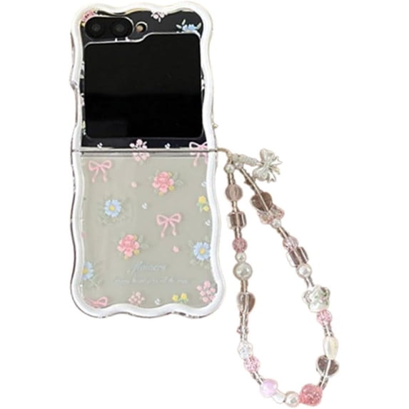 Case for Samsung Galaxy Z Flip 6, Cute Beautiful Colorful Flowers Pattern Design Curly Wavy Frame Girls Women TPU Phone Cover with Wrist Chain (with Chain)