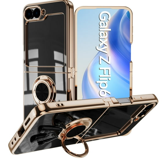 Case for Samsung Galaxy Z Flip 6, Luxury Astronaut Ring Hoder Stand Plating Ultra Slim Support Magnetic Car Mount Drop Protective Phone Case Cover for Samsung Galaxy Z Flip 6, Black