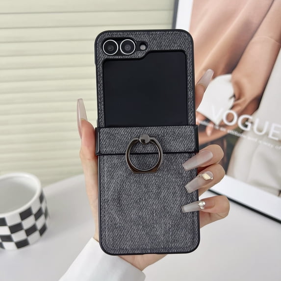 Case for Samsung Galaxy Z Flip 7, Denim + Hard PC Protective Cover with Ring Stand, Compatible with MagSafe, Support Wireless Charging, Shockproof Slim Fit Drop Protection for Men Women, Black