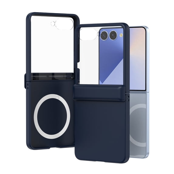Case for Samsung Galaxy Z Flip 7 FE / Z Flip 6,HD Tempered Glass Outer Film + Matte PC Protective Cover with Hinge Protection,Compatible with MagSafe,Ultra Slim Anti-Scratch Phone Cover,Dark Blue