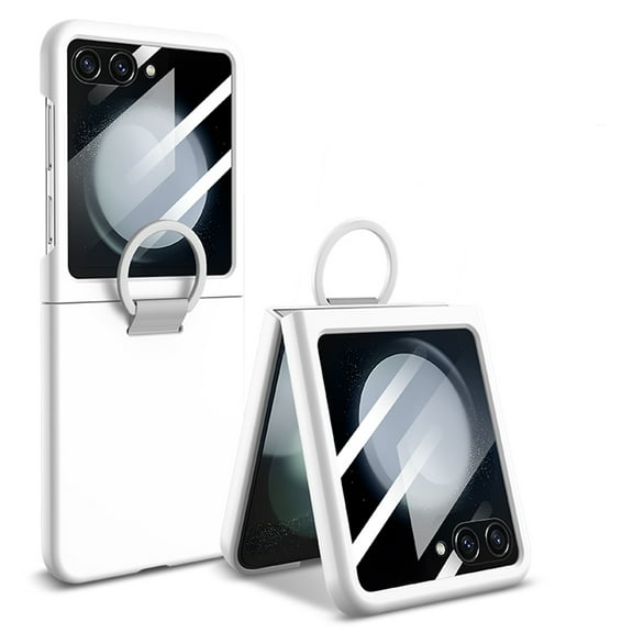 Case for Samsung Galaxy Z Flip 7 with Finger Ring, Rugged Protective Case with Front Screen Protector, Shockproof Anti-Scratches Phone Cover for Samsung Galaxy Z Flip 7 - White