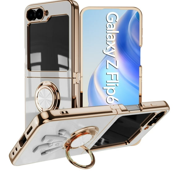 Case for Samsung Galaxy Z Flip 7, Luxury Astronaut Ring Hoder Stand Plating Ultra Slim Support Magnetic Car Mount Drop Protective Phone Case Cover for Z Flip 7, White
