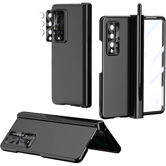Case for Samsung Galaxy Z Fold 3, 4-in-1 Magnetic Hinge Protection Case with S Pen Holder and S Pen Replacement, Compatible with Samsung Galaxy Z Fold 3 5G (Black)