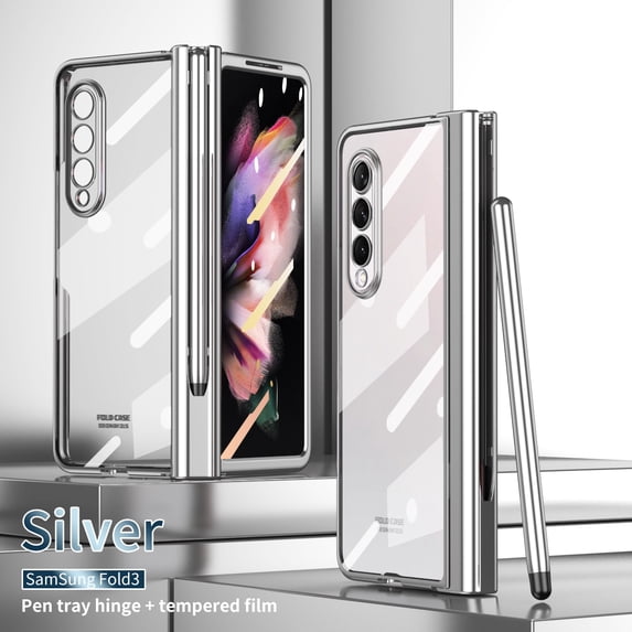Case for Samsung Galaxy Z Fold 3 5G,Allytech Transparent Plating Clear Shockproof Case Pen Holder Built-in Tempered Glass Screen Protector Cover,Silver