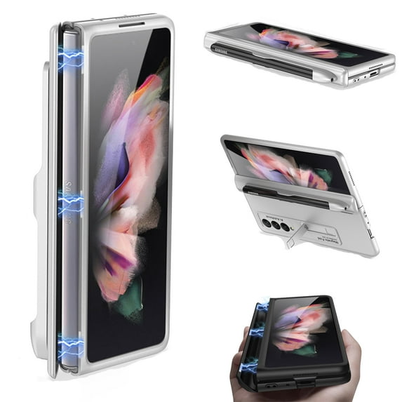 Case for Samsung Galaxy Z Fold 3 5G Cover with S Pen Holder, Allytech Hard PC Folding Hinge Protection Magnetic Bracket Kickstand All-Inclusive Magnetic Suction Cover for Galaxy Z Fold3 2021, Silver