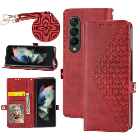 Case for Samsung Galaxy Z Fold 3 5G, Magnetic Matte Premium PU Leather Stand Flip Cover with Card Slots and Wallet, Shockproof and Full Body Protection Compatible with Z Fold 3 - Red