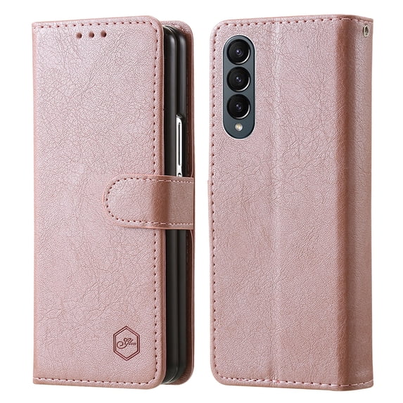 Case for Samsung Galaxy Z Fold 3 5G, Vintage PU Leather Card Slots Book Case Magnetic Buckle Shock-Absorbing Protective Flip Case Compatible with Samsung Galaxy Z Fold 3 5G - Champagne