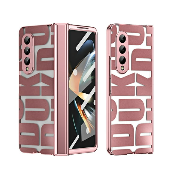 Case for Samsung Galaxy Z Fold 3 5G, Z Fold 3 Case Clear Plating PC Cover with Hinge Protection, Build-in Tempered Glass Screen Protector Anti-fingerprint Full Body Protection, Rosegold