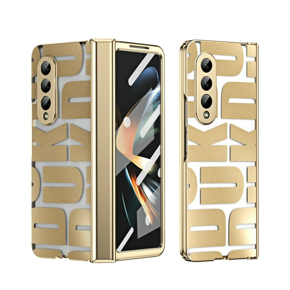 Case for Samsung Galaxy Z Fold 3 5G, Z Fold 3 Case Clear Plating PC Cover with Hinge Protection, Build-in Tempered Glass Screen Protector Anti-fingerprint Full Body Protection, Gold