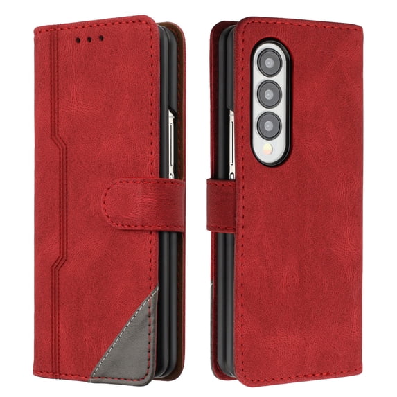 Case for Samsung Galaxy Z Fold 3, PU Leather Wallet Folio Card Holder Shockproof Drop Protection Wireless Charging Phone Case Cover Compatible with Samsung Galaxy Z Fold 3, Red
