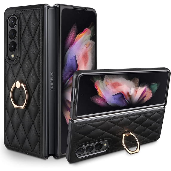 Case for Samsung Galaxy Z Fold 3 with Ring Stand, Luxury Soft Rhomboid for Women Men PU Leather + Hard PC Shell Ultra Thin Slim Durable Shockproof Protective Cover for Galaxy Z Fold 3 Black