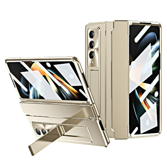 Case for Samsung Galaxy Z Fold 4 5G, Magnetic Hinge Protection Full-Body case with Built-in Screen Protector & Stand & S Pen Holder Plating PC Case For Samsung Galaxy Z Fold 4, Gold