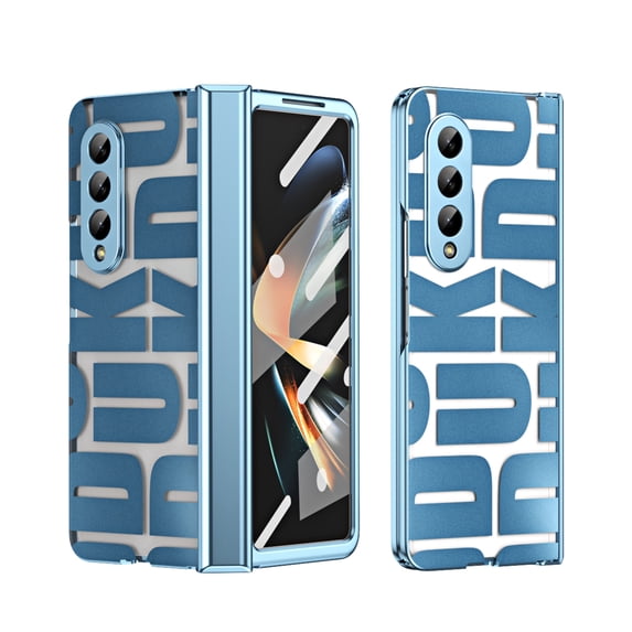 Case for Samsung Galaxy Z Fold 4 5G, Z Fold 4 Case Clear Plating PC Cover with Hinge Protection, Build-in Tempered Glass Screen Protector Anti-fingerprint Full Body Protection, Blue