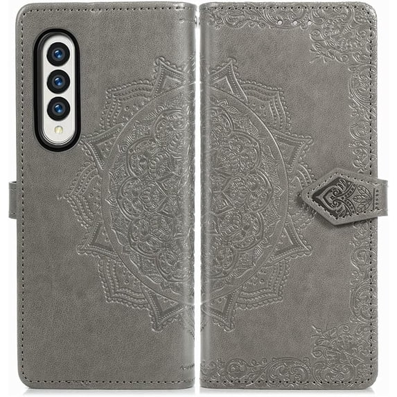 Case for Samsung Galaxy Z Fold 4 Case Wallet Leather Flip Magnetic Closure Shockproof Protective Phone Case with Card Slots and Kickstand Case for Samsung Galaxy Z Fold 4. Mandala Gray