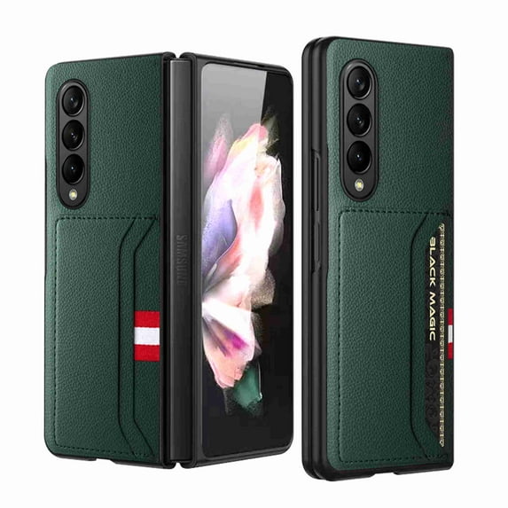 Case for Samsung Galaxy Z Fold 4 Classic Lychee Pattern PU Leather Wallet Cover, with Screen Protector Card Slot Holder, Rugged PC Shockproof Non-Slip Case for Samsung Galaxy Z Fold 4,Green