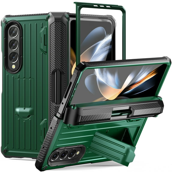 Case for Samsung Galaxy Z Fold 4 with Hidden Screen Protector Kickstand S Pen Holder Hinge Protection, Rugged PC Shockproof Cover Compatible MagSafe Wireless Charging Non-Slip Case,Armygreen