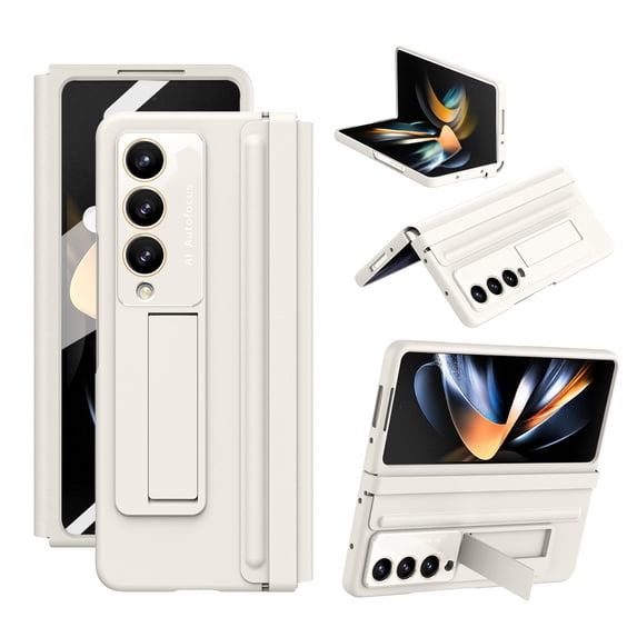 Case for Samsung Galaxy Z Fold 4 with Kickstand, PU Leather Hinge Protection & Full Body with Built-in Screen Protector PC Protective Phone Stand Case for Samsung Galaxy Z Fold 4G, White