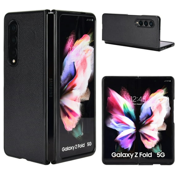 Case for Samsung Galaxy Z Fold 4 Lychee Pattern PU Leather Folding Cover, Rugged PC Bumper Shockproof Lens Protection Anti-Scratches Slim Case for Samsung Galaxy Z Fold 4,Black