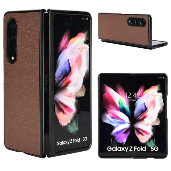 Case for Samsung Galaxy Z Fold 4 Lychee Pattern PU Leather Folding Cover, Rugged PC Bumper Shockproof Lens Protection Anti-Scratches Slim Case for Samsung Galaxy Z Fold 4,Brown