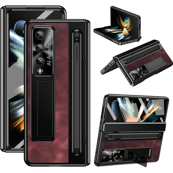 Case for Samsung Galaxy Z Fold 4 with Stylus & S Pen Holder, Kickstand Alloy CD Camera Protector Vintage Classic Leather Mil-Grade Protection Anti-Scratch Shockproof Protective Case, Rose Red