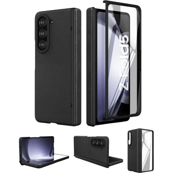 Case for Samsung Galaxy Z Fold 5 (2023) with Built-in Cover Screen Protector & Hinge Protection, Slim Hard PC + PU Protective Phone Case for Galaxy Z Fold5 5G - Black