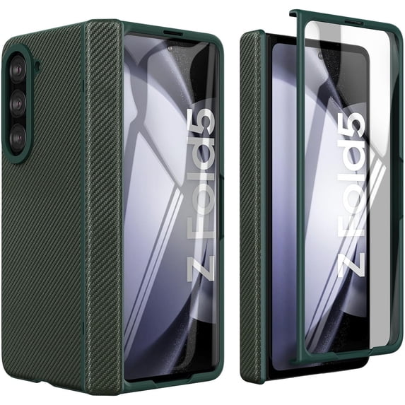 Case for Samsung Galaxy Z Fold 5 (2023) with Built-in Cover Screen Protector & Hinge Protection, Slim Hard PC + PU Protective Phone Case for Galaxy Z Fold5 5G - Green