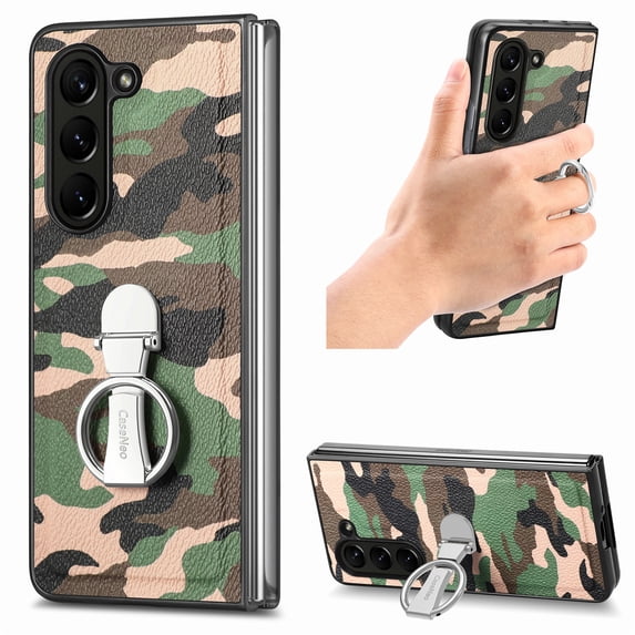 Case for Samsung Galaxy Z Fold 5 5G, Camouflage PU Leather Protective Slim Durable Phone Case Cover for Samsung Galaxy Z Fold 5 5G 2023 with 360 Free Rotation Ring Kickstand, Green