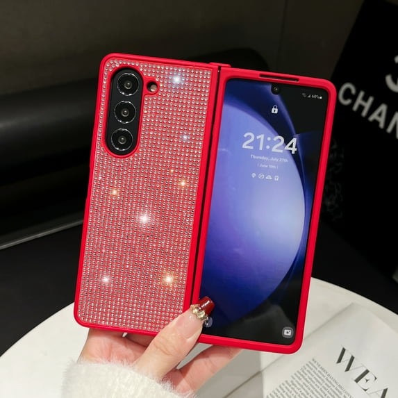 Case for Samsung Galaxy Z Fold 5 5G, Glitter Sparkly Luxury Light Slim Frosted Hard PC Shockproof Protective Bling Diamond Girls for Women Phone Case for Samsung Galaxy Z Fold 5 5G, Red