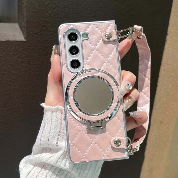 Case for Samsung Galaxy Z Fold 5, Fashion PU Leather Cover with Mirror, Wristband & Kickstand, Plating Frame Shockproof Protective Phone Case for Girls and Women, for Galaxy Z Fold 5, Pink