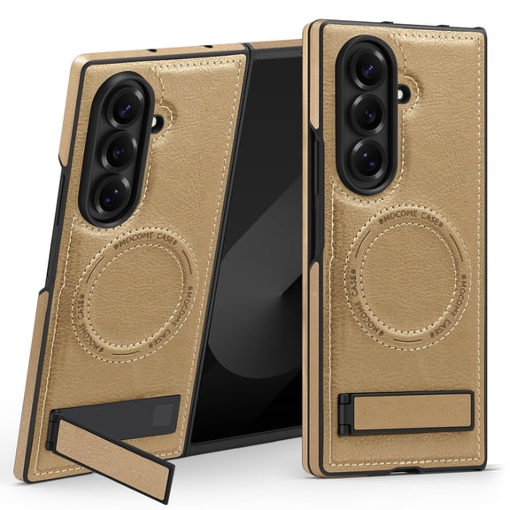 Case for Samsung Galaxy Z Fold 5 with Hidden Kickstand, [Military Grade Drop Protection] Built-in Strong Magnet Compatible with MagSafe, Slim Premium PU Leather Shockproof Cover,Desertgold