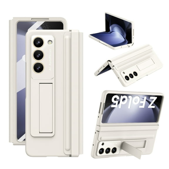 Case for Samsung Galaxy Z Fold 5 with Kickstand, PU Leather Hinge Protection & Full Body with Built-in Screen Protector PC Protective Phone Stand Case for Samsung Galaxy Z Fold 5G, White