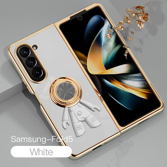 Case for Samsung Galaxy Z Fold 5, Luxury Astronaut Ring Hoder Stand Plating Ultra Slim Support Magnetic Car Mount Drop Protective Phone Case Cover for Samsung Galaxy Z Fold 5, White