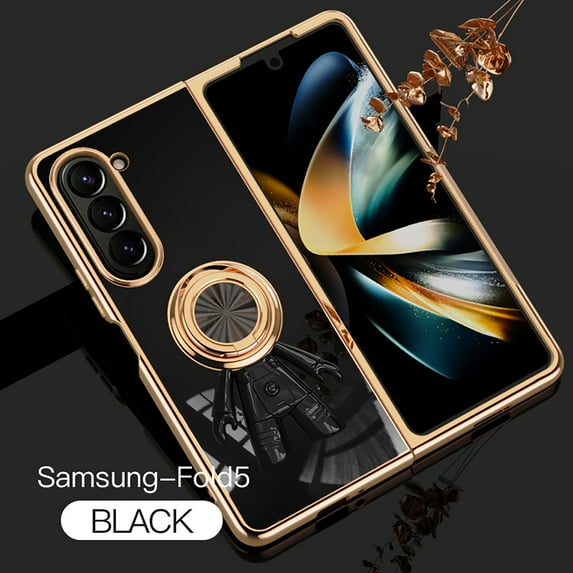 Case for Samsung Galaxy Z Fold 5, Luxury Astronaut Ring Hoder Stand Plating Ultra Slim Support Magnetic Car Mount Drop Protective Phone Case Cover for Samsung Galaxy Z Fold 5, Black