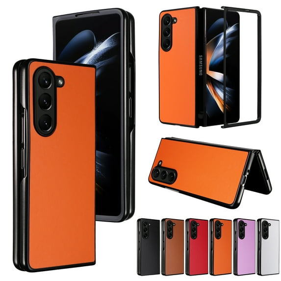 Case for Samsung Galaxy Z Fold 5, PU Vegan Leather Back & Hard PC Bumper Wireless Charging Shockpoof Protective Slim Anti-Scratch Phone Case for Samsung Galaxy Z Fold 5 - Orange