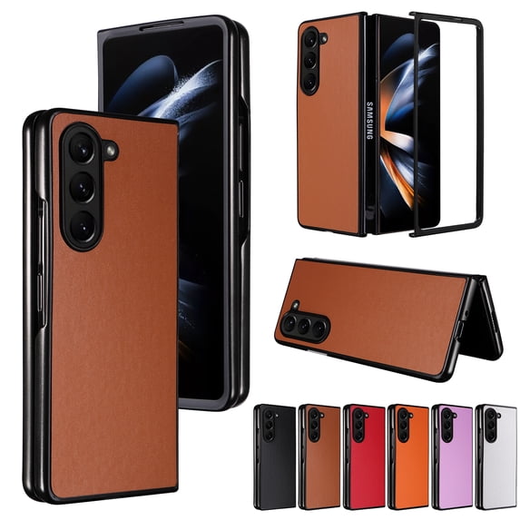 Case for Samsung Galaxy Z Fold 5, PU Vegan Leather Back & Hard PC Bumper Wireless Charging Shockpoof Protective Slim Anti-Scratch Phone Case for Samsung Galaxy Z Fold 5 - Brown