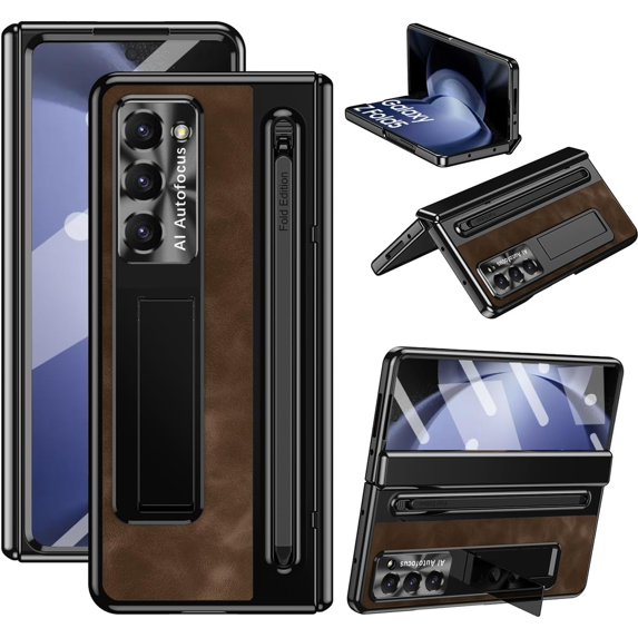 Case for Samsung Galaxy Z Fold 5 with Stylus & S Pen Holder, Kickstand Alloy CD Camera Protector Vintage Classic Leather Mil-Grade Protection Anti-Scratch Shockproof Protective Case, Coffee