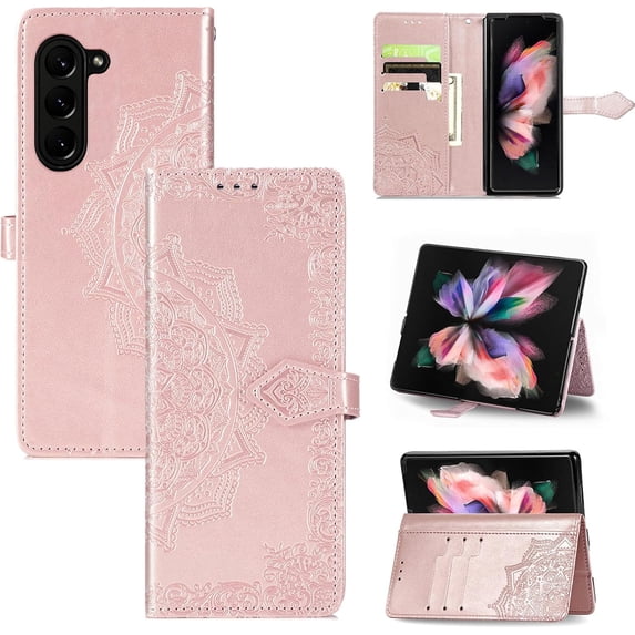 Case for Samsung Galaxy Z Fold 5 Wallet Case with Card Slots Kickstand Leather Foldable Magnetic Closure Shockproof Protective Phone Case for Samsung Galaxy Z Fold 5. Mandala Rose Gold