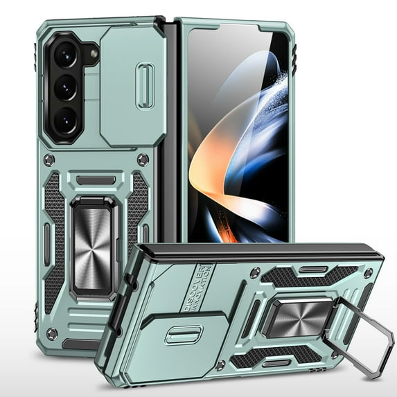 Case for Samsung Galaxy Z Fold 6 Camera Lens Slide Protection Cover with Ring Holder Kickstand, Armor Heavy Duty Military Grade Shockproof PC Rugged Bumper for Samsung Galaxy Z Fold 6,Darkgreen
